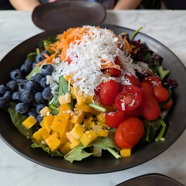A vibrant vegan salad with blueberries, mango, tomatoes, carrots, and shredded coconut in a black bowl.