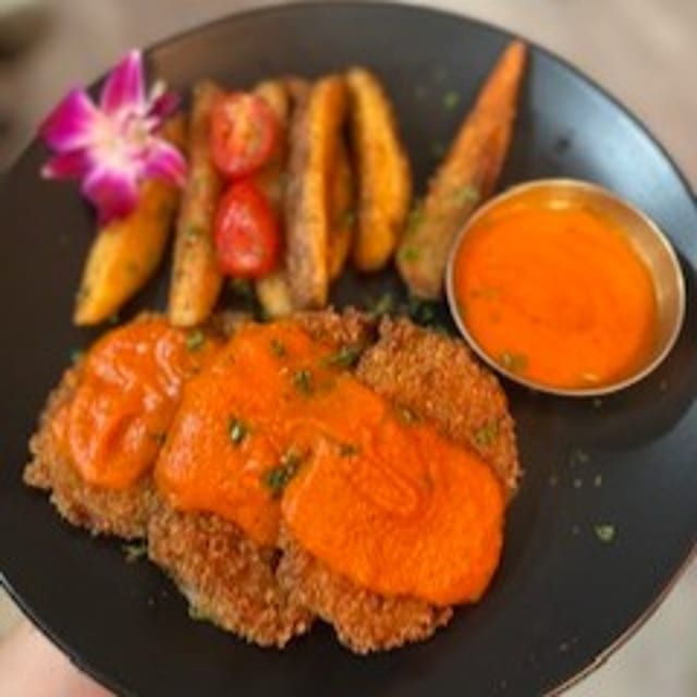 Aubergine Schnitzel with Red Bell Pepper Sauce.